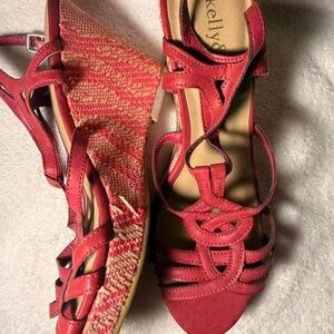 Kelly & Katie Coral-Red Strappy Wedge Sandals